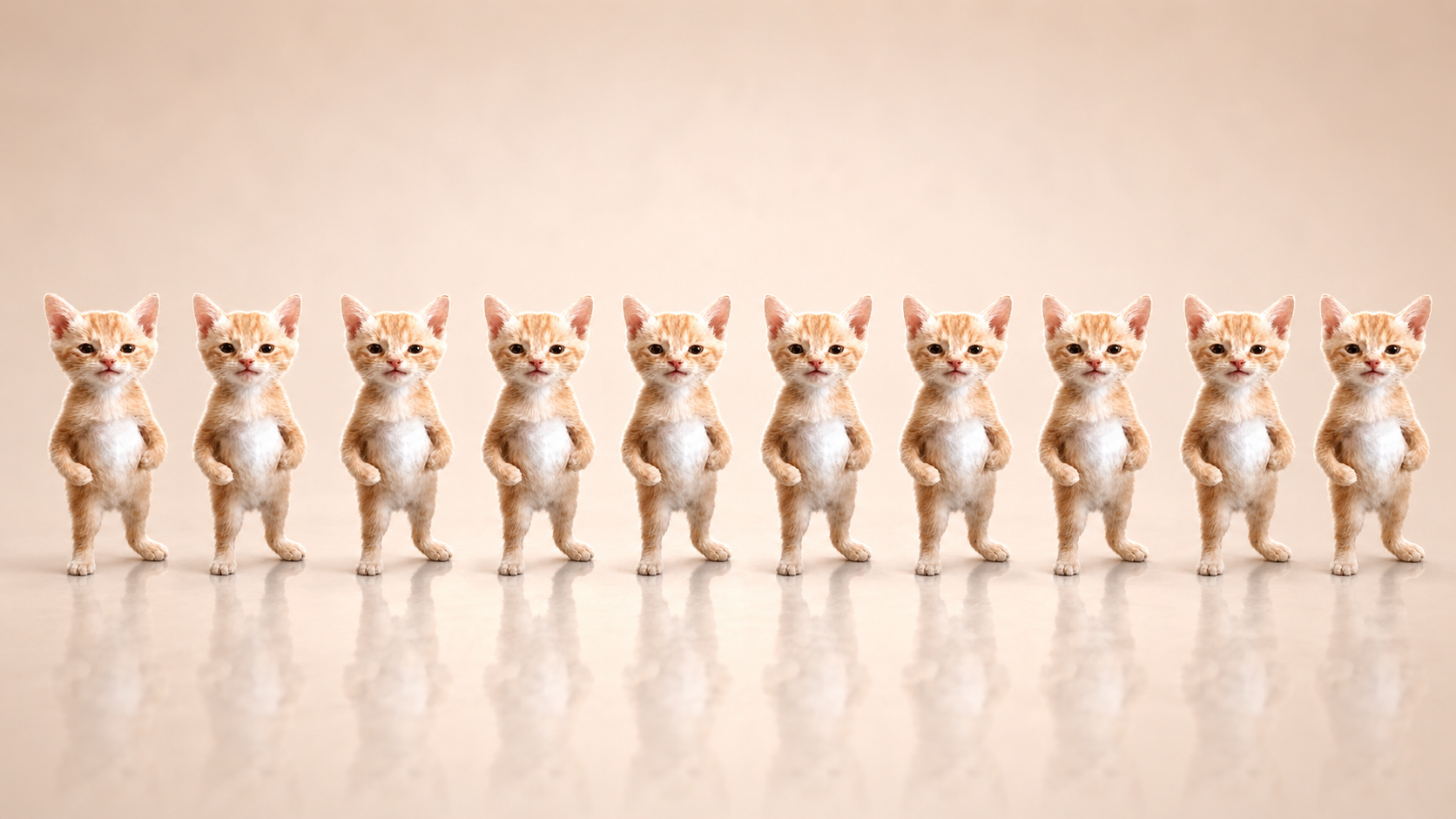 Ten identical kittens standing in a row